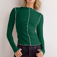 Basic Bae Contrast Trim Mock Neck Long Sleeve T-Shirt in green, featuring a fitted style with contrast trim details.