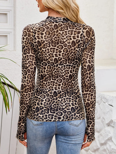 Floral Mock Neck Long Sleeve Top showcasing a close-up back view with leopard print pattern.