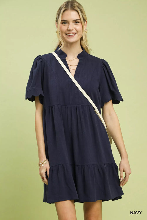 Umgee Linen Tiered Babydoll Dress with Scalloped Sleeves