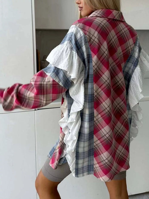 Ruffled Plaid Long Sleeve Shirt