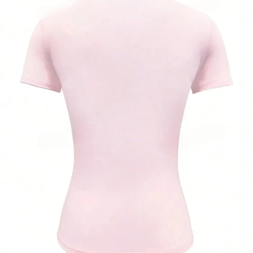 Back view of Round Neck Short Sleeve T-Shirt in soft pink color, showcasing its basic style and moderate stretch.