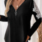 Perfee Lace Detail Quarter Zip Long Sleeve Top