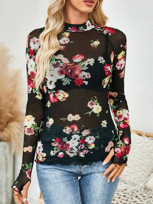 Floral Mock Neck Long Sleeve Top featuring floral design, long sleeves and slightly stretchy material.