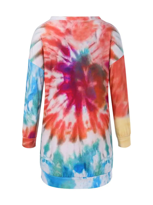 Full Size Tie-Dye Round Neck Long Sleeve Dress in colorful tie-dye pattern showcasing the back view.