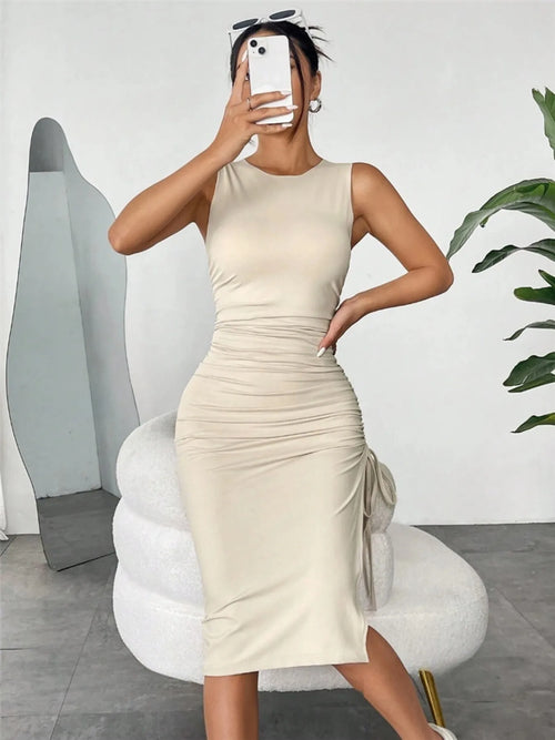 Sleeveless Ruched Bodycon Midi Dress with Side Drawstring
