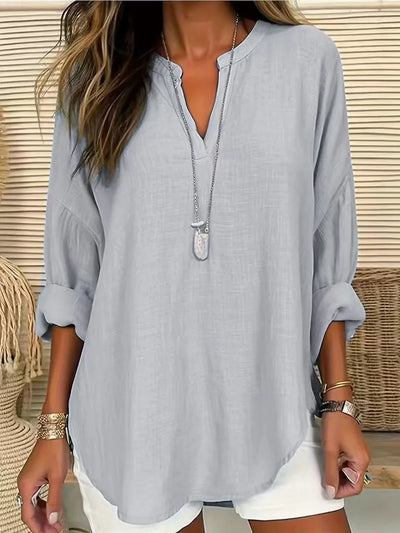 Solid Color Notched Long Sleeve Blouse in light gray with rolled sleeves and necklace, perfect for casual wear.