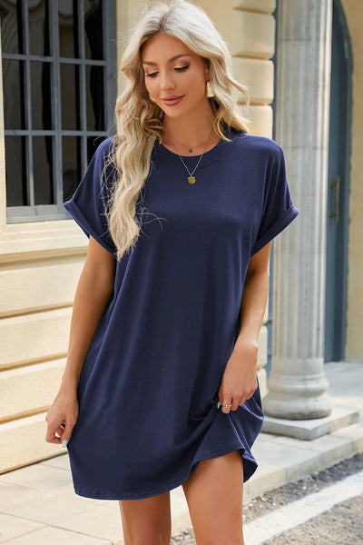 Florira Short Sleeve Mini Dress with Pockets, navy blue, casual style, featuring pockets and comfortable fit.