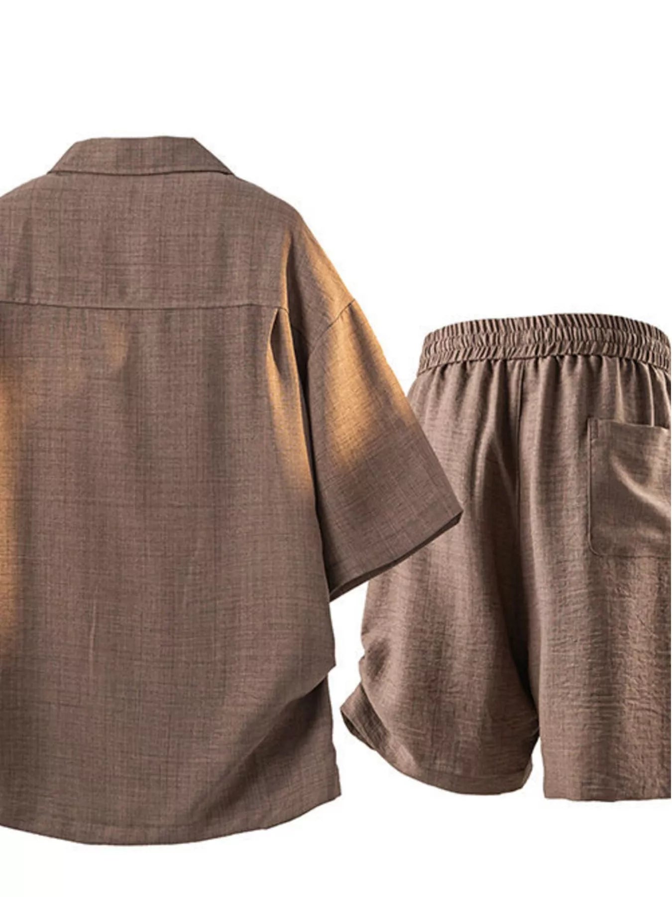 Men's short-sleeve button-up shirt and drawstring shorts set