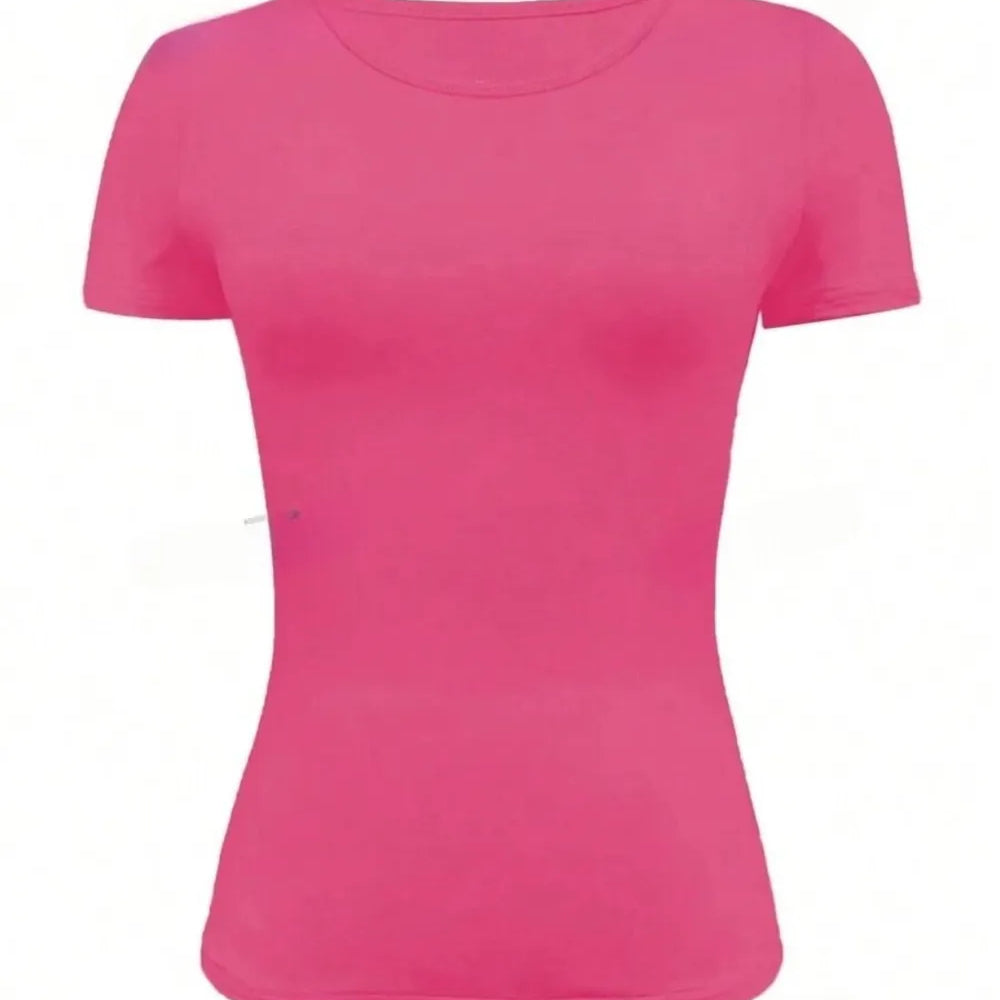 Round Neck Short Sleeve T-Shirt in vibrant pink color, featuring a basic style and moderate stretch.