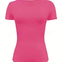 Round Neck Short Sleeve T-Shirt in vibrant pink color, featuring a basic style and moderate stretch.