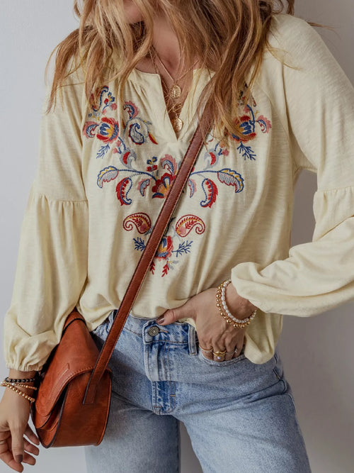 Embroidered Notched Balloon Sleeve Blouse
