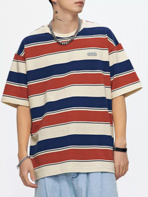 Men's Full Size Striped Round Neck Oversized T-Shirt Plus Size