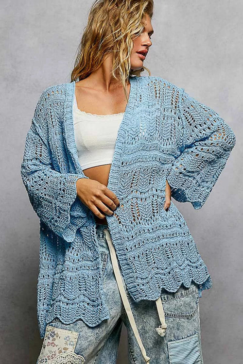 POL Openwork Lightweight Open Front Cardigan with Scalloped Edge