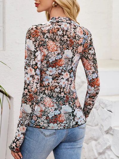 Floral Mock Neck Long Sleeve Top featuring a floral pattern on a model, showcasing its stylish back design.