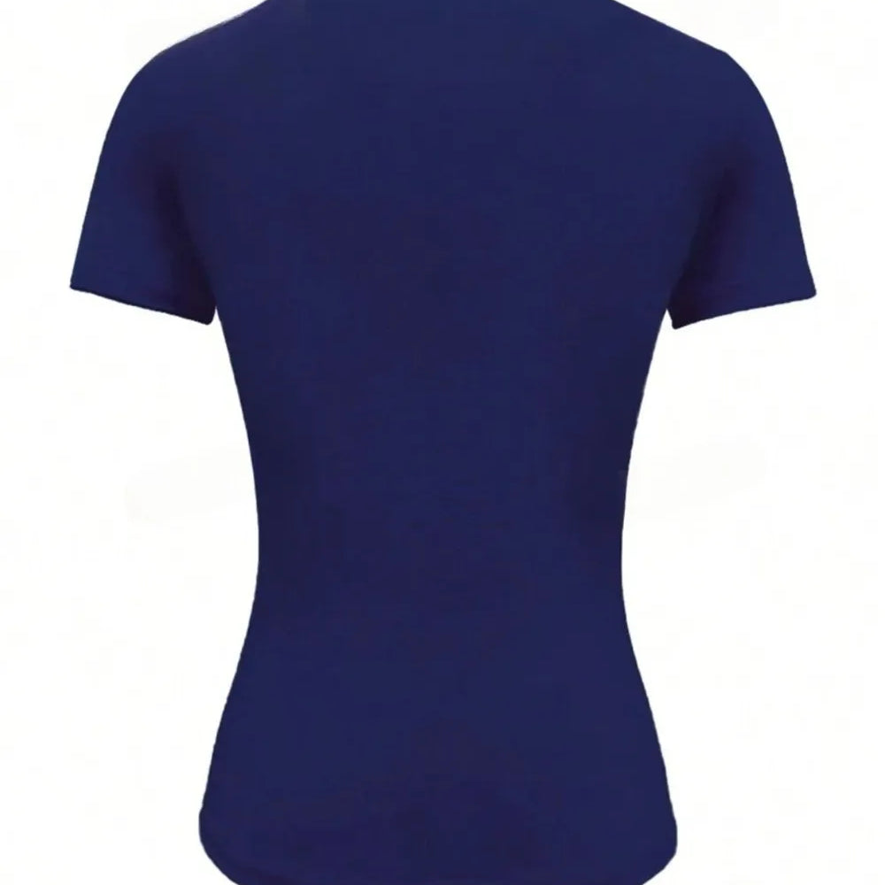 Back view of Round Neck Short Sleeve T-Shirt in navy color, showcasing its basic style and moderate stretch.