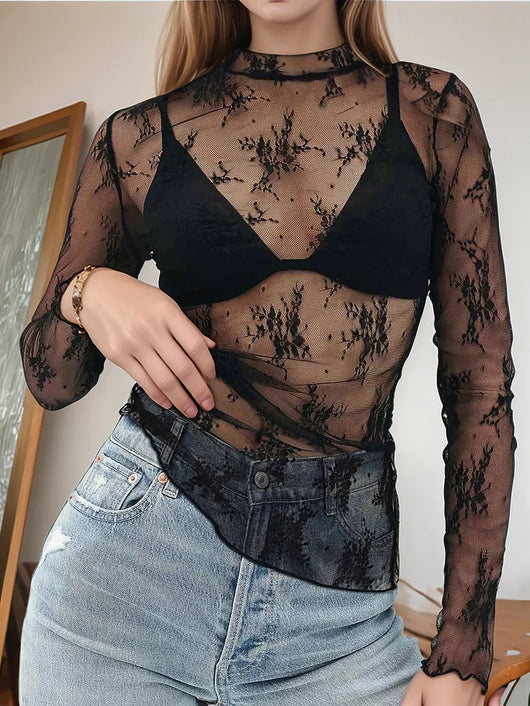 Floral Mock Neck Long Sleeve Mesh Top featuring sheer lace, long sleeves, and a stylish design.