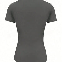 Back view of Round Neck Short Sleeve T-Shirt in dark grey color, showcasing its sleek fit and short sleeves.