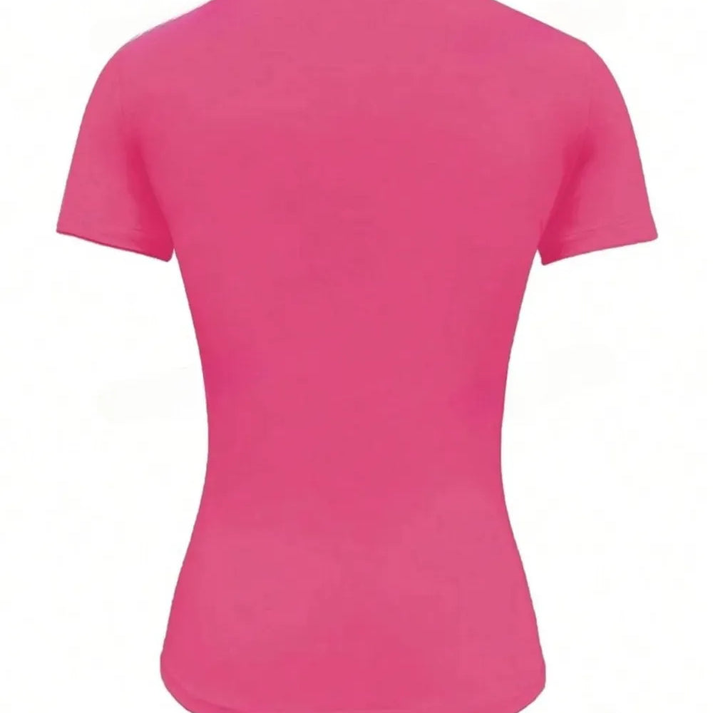 Back view of a pink Round Neck Short Sleeve T-Shirt showcasing its fitted design and short sleeves.
