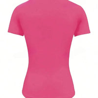 Back view of a pink Round Neck Short Sleeve T-Shirt showcasing its fitted design and short sleeves.