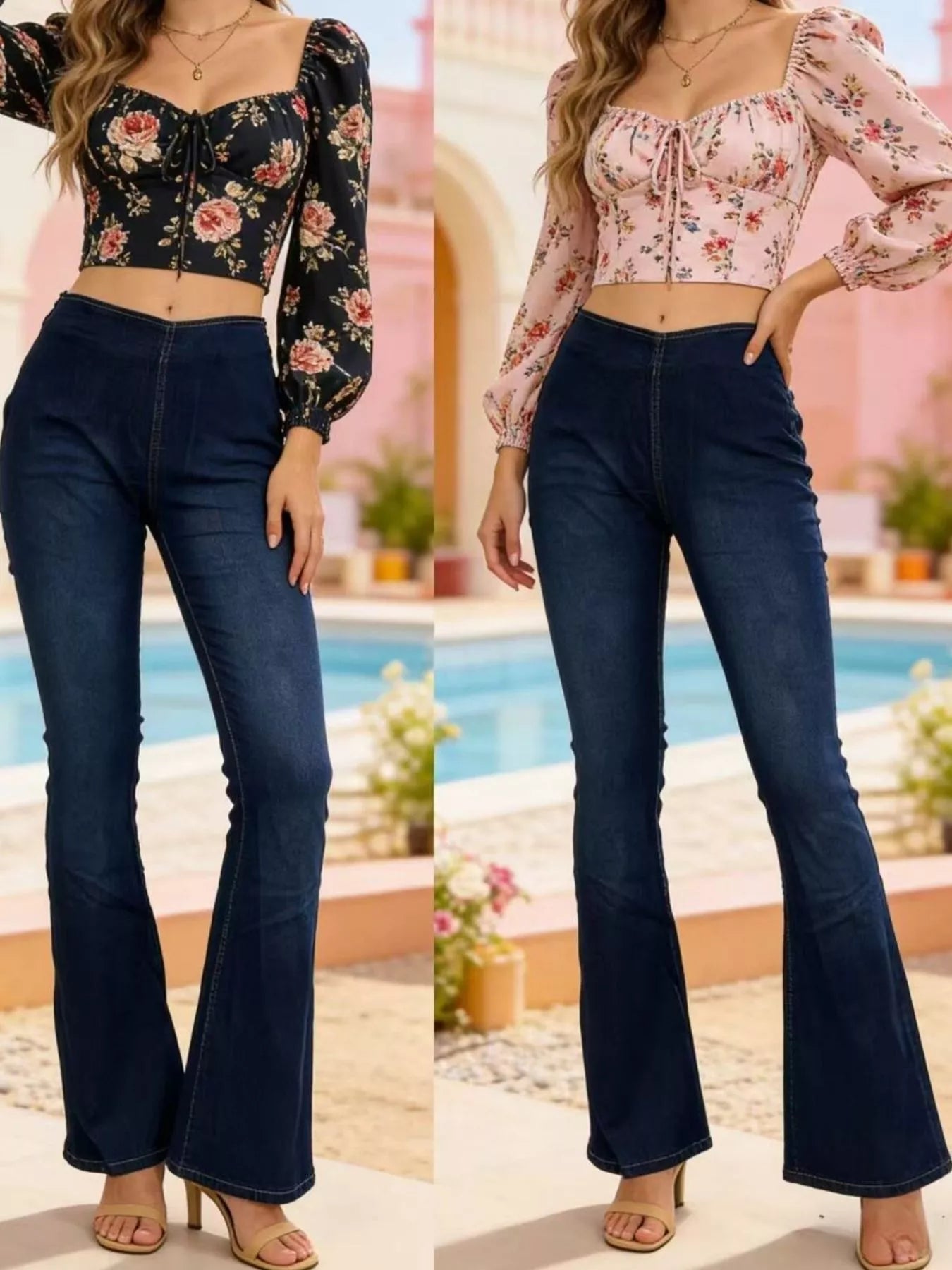 Model wearing High-Waisted Flare Jeans paired with floral crop tops, showcasing stylish summer outfits.