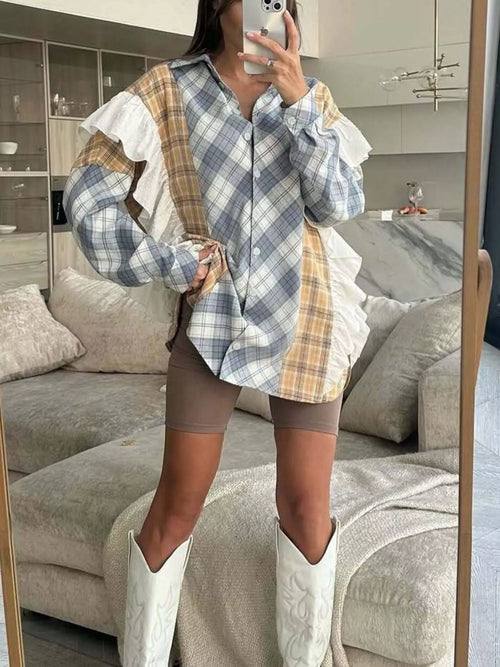 Ruffled Plaid Long Sleeve Shirt