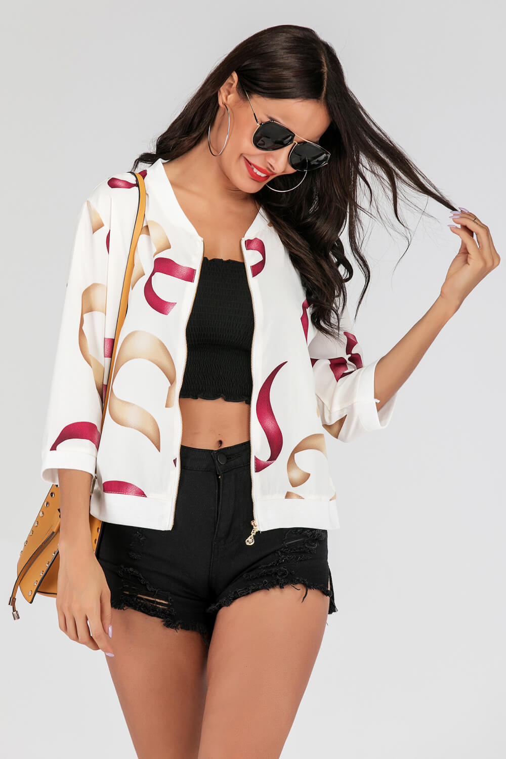 Perfee Printed Zip-Up Three-Quarter Sleeve Bomber Jacket