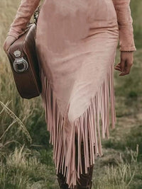 Fringe Zip Front Long Sleeve Dress featuring tassels and zipper detail, perfect for outdoor styles.