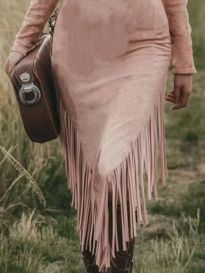 Fringe Zip Front Long Sleeve Dress featuring tassels and zipper detail, perfect for outdoor styles.