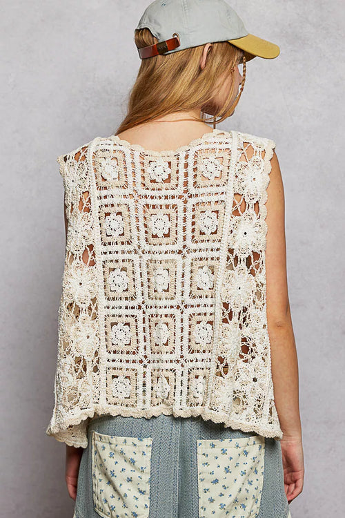 POL Tie Front Floral Pattern Crochet Vest with Scalloped Edge