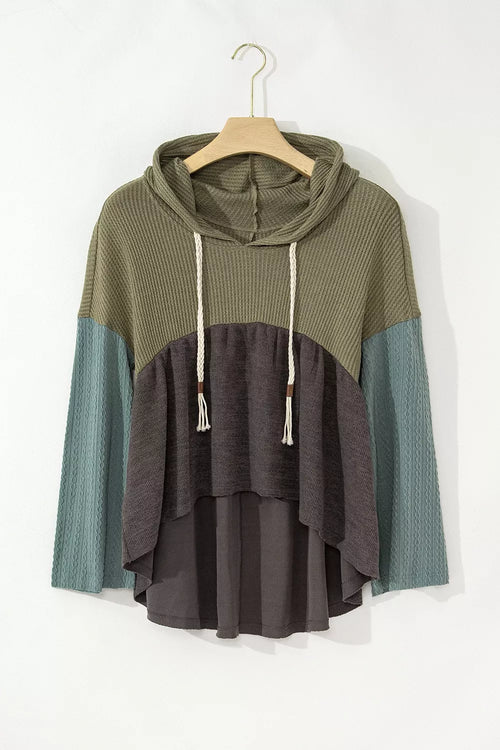 Color Block Waffle Knit Raw Hem Hoodie