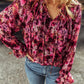 Printed Tie Neck Flounce Sleeve Blouse