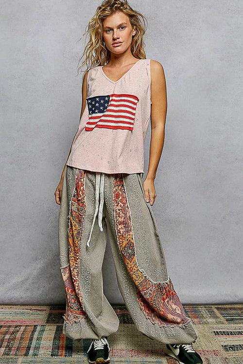 POL V-Neck Ribbed Tank with American Flag Patch and Star Back Patch