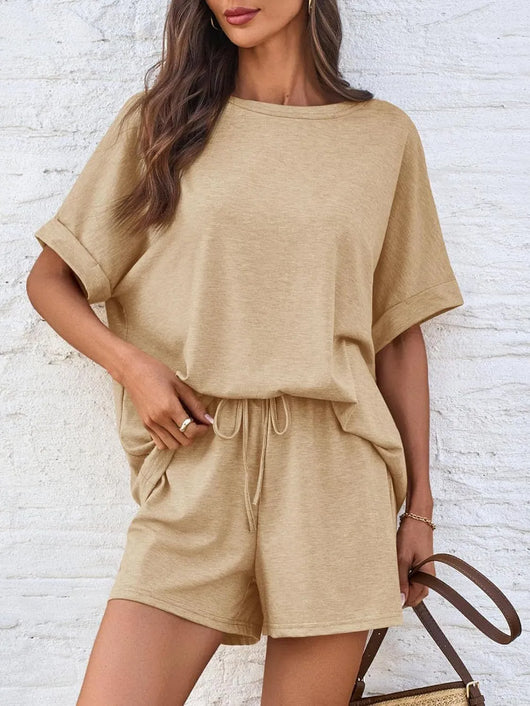 Round Neck T-Shirt and Drawstring Shorts Set in beige, featuring a relaxed fit and comfortable material