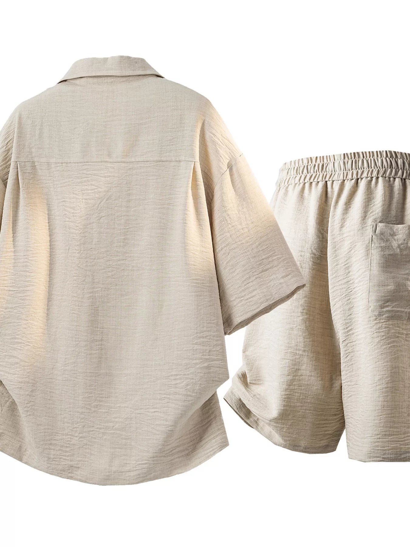 Men's short-sleeve button-up shirt and drawstring shorts set