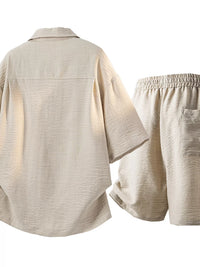 Men's short-sleeve button-up shirt and drawstring shorts set