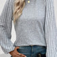 Gray Solid Color Contrast Ribbed Bishop Sleeve Top