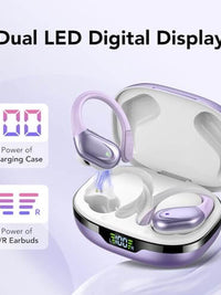 CASCHO wireless earbuds with dual LED digital display showing battery life, charging case, and over-ear design in purple.
