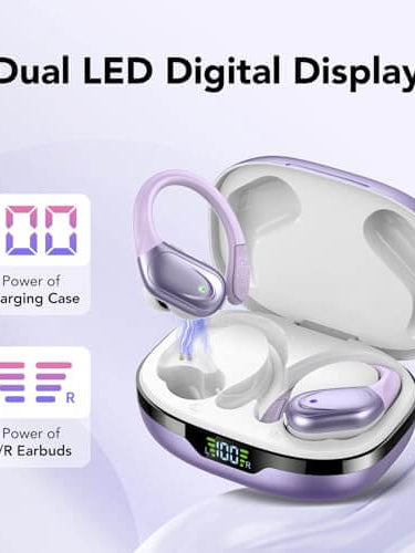 CASCHO wireless earbuds with dual LED digital display showing battery life, charging case, and over-ear design in purple.