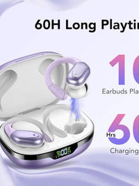 CASCHO wireless earbuds with charging case showcasing 60H playtime and 10H earbuds use time in purple.