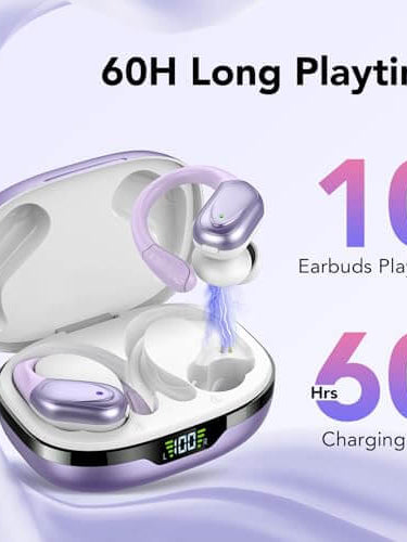 CASCHO wireless earbuds with charging case showcasing 60H playtime and 10H earbuds use time in purple.
