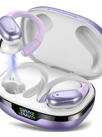 CASCHO wireless earbuds in purple charging case with digital display, showing 60hrs playtime and earhooks design.