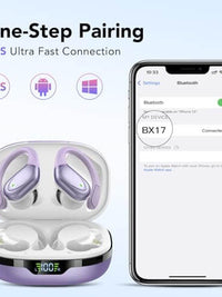 CASCHO wireless earbuds showcasing one-step pairing with ultra-fast Bluetooth connection on a smartphone.