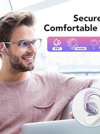 Man wearing CASCHO wireless earbuds showing secure and comfortable fit with IPX7 waterproof rating.