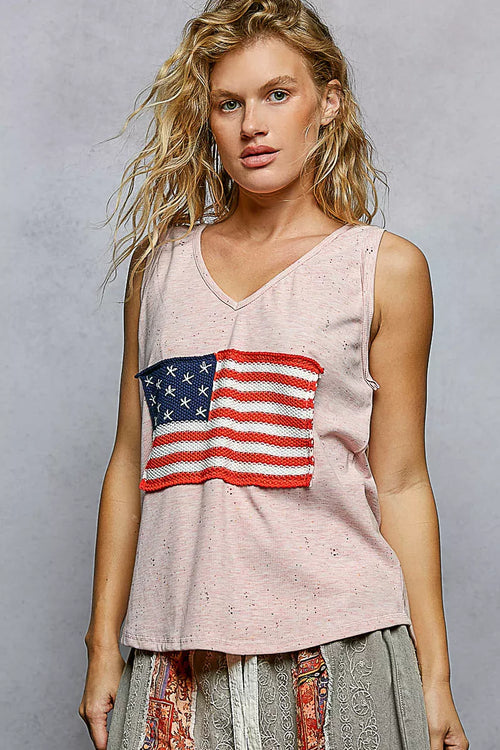 POL V-Neck Ribbed Tank with American Flag Patch and Star Back Patch