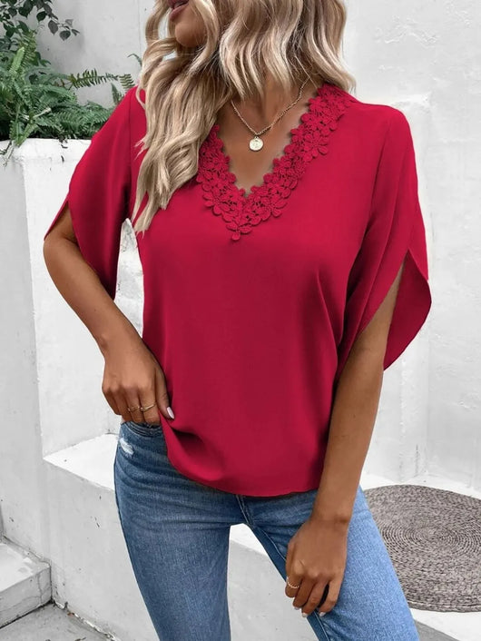Lace Detail V-Neck Half Sleeve Blouse in red with lace sheer detail, styled with blue jeans.
