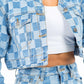 American Bazi Checkered Long Sleeve Cropped Denim Jacket