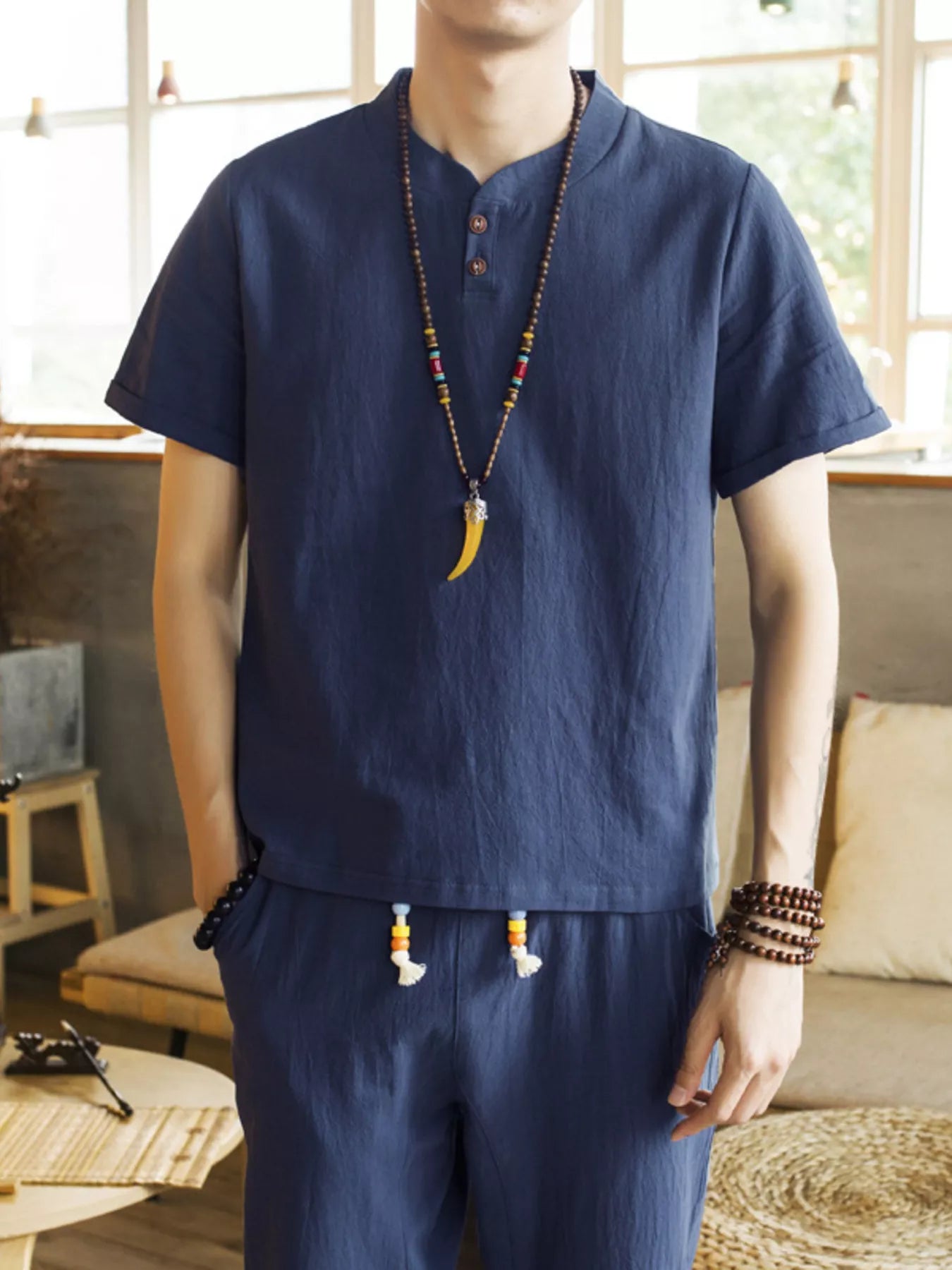Men's button-detail short-sleeve top and matching pants set