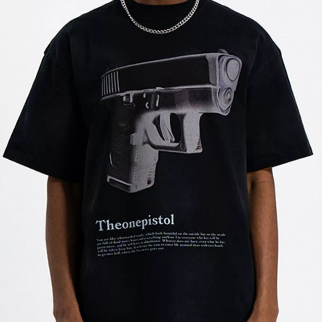Men's Graphic Round Neck Oversized T-Shirt featuring gun print design, oversized fit, and black color.