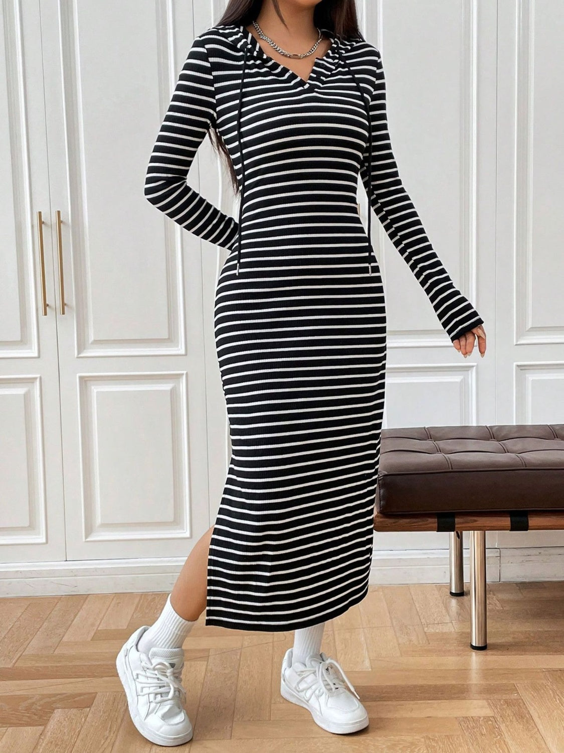 Drawstring Striped Long Sleeve Hooded Dress