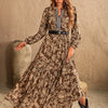 Ruched Printed Notched Long Sleeve Maxi Dress